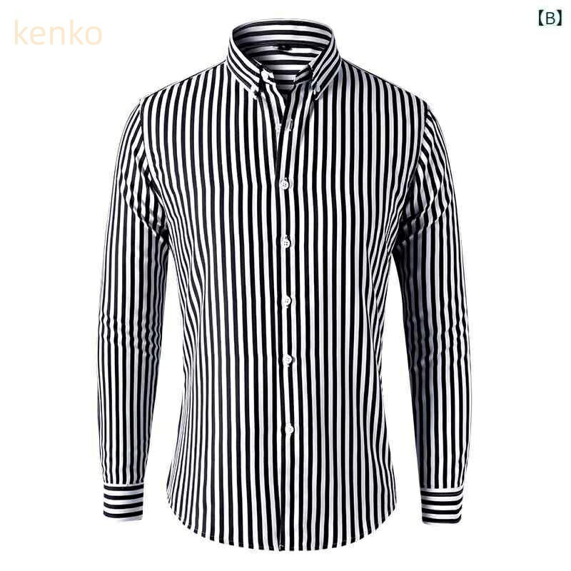 シャツ メンズ 縦ストライプ 長袖 レギュラーカラー スリムフィット ポリエステル 形態安定 シワになりにくい カジュアル ビジネス 普段使い トップス ホワイト ブラック レッド ブルー ネイビー