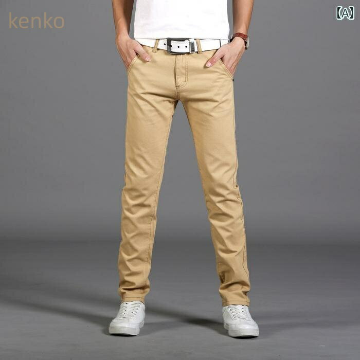 カジュアルパンツ メンズ 若者向け スリム ストレート ロング丈 韓国 トレンド 綿 コットン 形態安定 ..