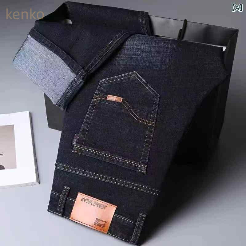 デニムパンツ メンズ ビッグサイズ 韓国ファッション スリムフィット ストレッチ ウォッシュ加工 ストレート ミドルウエスト 薄手 春秋 綿混 大人カジュアル ブルー ブラック