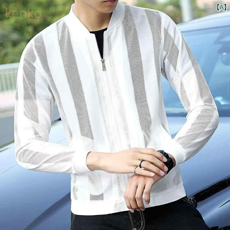 パーカー メンズ UVカット 春夏 薄手 フードなし 透かし編みメッシュ フルジップ 無地 カジュアル UV対策 日焼け止め 軽量 通気速乾 ポリエステル ホワイト ブラック 普段使い レジャー アウトドア スタンダードフィット