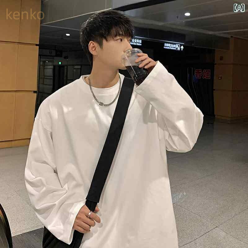 長袖Tシャツ メンズ 男性用 クルーネック 丸首 プルオーバー ゆったり ルーズ オーバーサイズ ベーシッ..