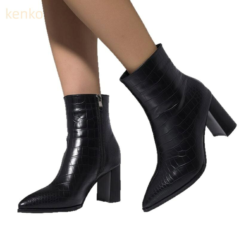 ショートブーツ レディース 秋冬 ストーン柄 チャンキーヒール ポインテッドトゥ 欧米風 ハイヒール PUレザー 裏起毛 サイドジップ ブラック カジュアル きれいめ 大人 歩きやすい