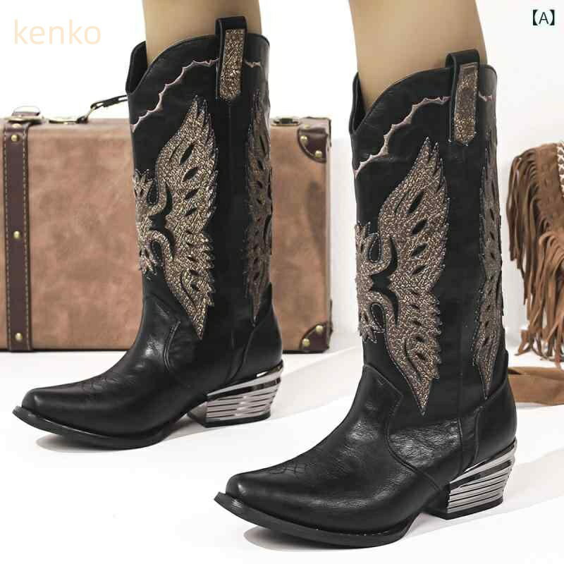 ブーツ レディース ウェスタン ジョッキーブーツ チャンキーヒール ミドル丈 Vカット 刺繍 ファッショ..