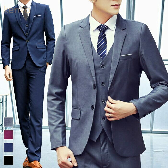 品番：gzsy10 カラー：ブラック（一つボタン）、グレー（一つボタン）、ネイビー（一つボタン）、ワインレッド（一つボタン） 　　　　ブラック（二つボタン）、グレー（二つボタン）、ネイビー（二つボタン）、ワインレッド（二つボタン） 　　　　 サイズ： M L XL 2XL 3XL 4XL 5XL 素材：ポリエステル 商品内容：ジャケット＋ ベスト ＋スラックス ※商品のカラーにつきまして、実際の商品との差異がなるべく少ないよう撮影や画像処理には留意しておりますが、お使いのパソコンモニタやスマートフォンの機種、ブラウザによって実際の商品の色とは異なって見える場合がございます。あらかじめご了承ください。