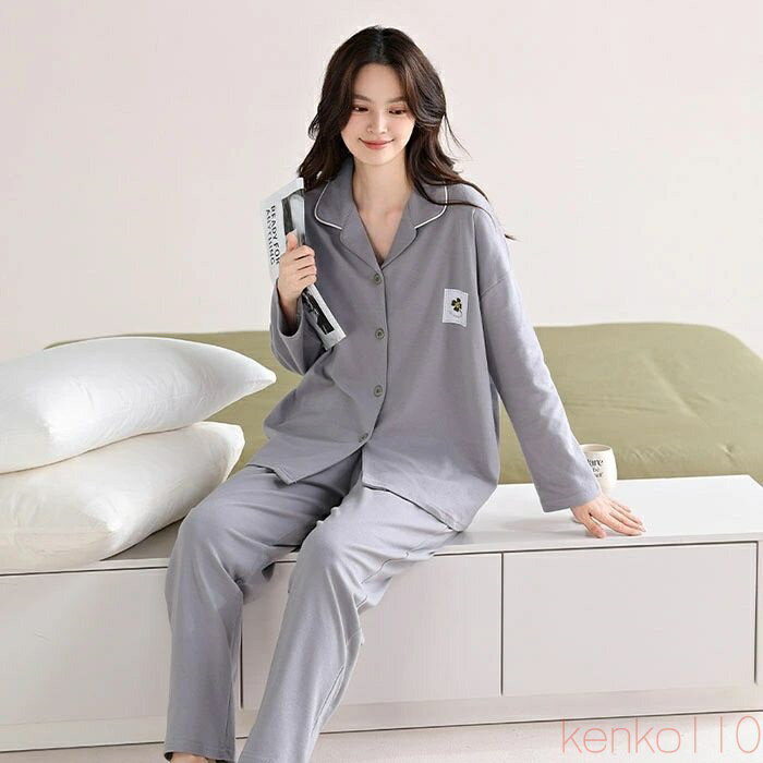 楽天習慣家族【送料無料】ルームウェア パジャマ レディース 綿100％ 長袖 前開き 通気性 春 秋 上下セット 部屋着 セットアップ コットン100％ 可愛い 柔らかい 肌触りがいい 大きいサイ