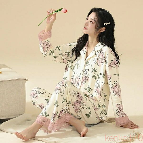 楽天習慣家族【送料無料】【綿100％ 】パジャマ レディース 花柄 ルームウェア 長袖 前開き コットン 上下セット ナイトウェア 部屋着 春 秋 オールシーズン 女性 肌にやさしい リラックス
