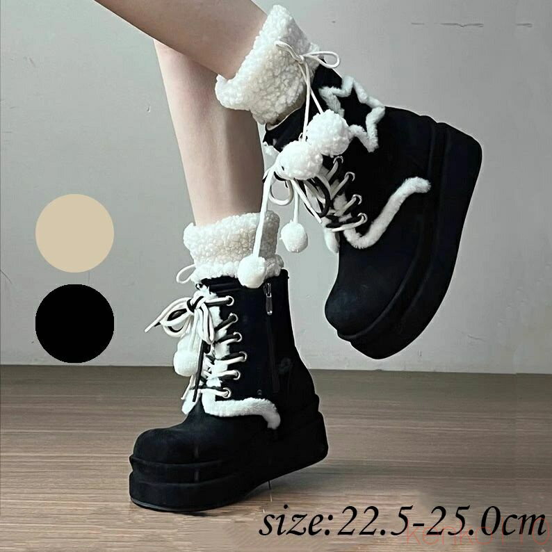 【送料無料】ショートブーツ 編み上げ 冬 ボア スノーブーツ おしゃれ ファー ムートンブーツ ミドルブーツ スエード 厚底 ラウンドトゥ 可愛い ふわふわ 履きやすい 歩きや(4)
