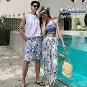 【送料無料】水着 カップル ペア水着 ビキニ 男女4点セット セパレート ペアルック お揃い服 レディース ワイドパンツ メンズ ハーフパンツ ビーチパンツ サーフパンツ 恋人