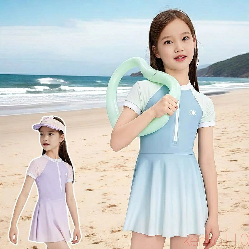 【送料無料】子供 水着 女の子 ワンピース キッズ 女子 スイムウェア グラデーション オールインワン 通気性 日焼け防止 ラッシュガード 140 150 160 中学生水着 みずぎ スイ