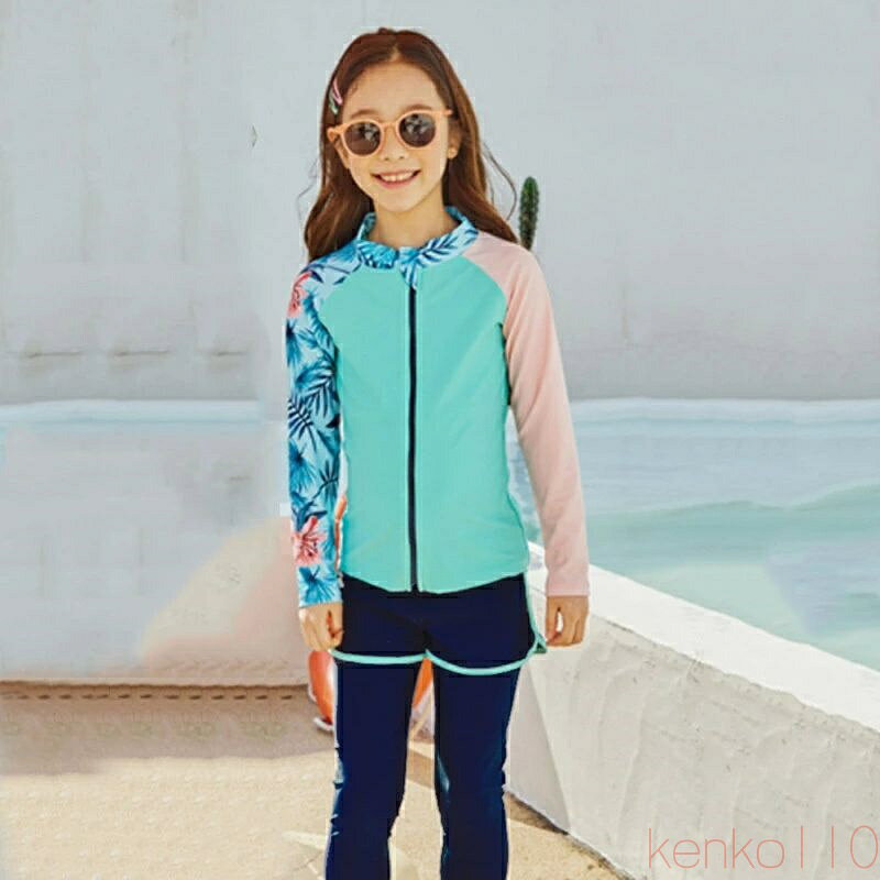 【送料無料】子供 水着 女の子 セット キッズ 女子 ジッパー 速乾 長袖トップス ロングパンツ 日焼け防止 ラッシュガード 140 150 160 中学生 小学生 子供用フィットネス水着