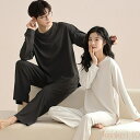 【送料無料】ペア パジャマ 長袖 男女2着 セット シンプル 柔らかい ゆったり 綿 大きいサイズ カップル 秋 長袖トップス ワッフル生地 ルームウェア クルーネック 冬 ペアパ