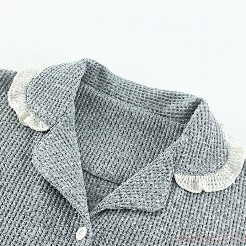 【送料無料】ペア パジャマ 長袖 男女2着 セット 無地 フレア シンプル かわいい 大きいサイズ 前開き カップル コットン 秋冬 韓国 ルームウェア 秋 ワッフル生地 冬 ペアパ