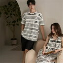 【送料無料】ペア パジャマ 半袖 夏 男女2着 セット 春 ボーダー シンプル ゆったり 綿 ワンピース カップル 柔らかい タンキニ ルームウェア パッド付き...
