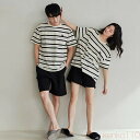 【送料無料】ペア パジャマ 半袖 夏 男女2着 セット 春 ボーダー ゆったり 柔らかい 涼しい セットアップ カップル ストライプ 綿100% ルームウェア 高級 春夏 ペアパジャマ|詳細画像