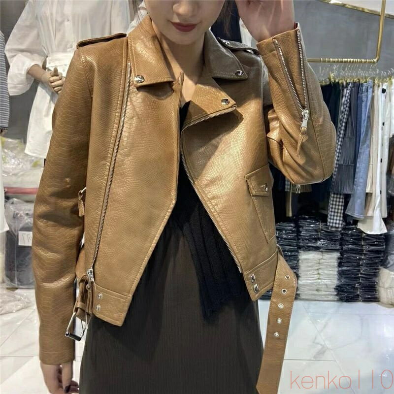 【送料無料】レザージャケット レディース PU ジャケット スリムフィット 春 秋 着痩せ ブラウン ショート丈 韓国 合成皮革 レザー ライダースジャケット ライダース 革ジャ