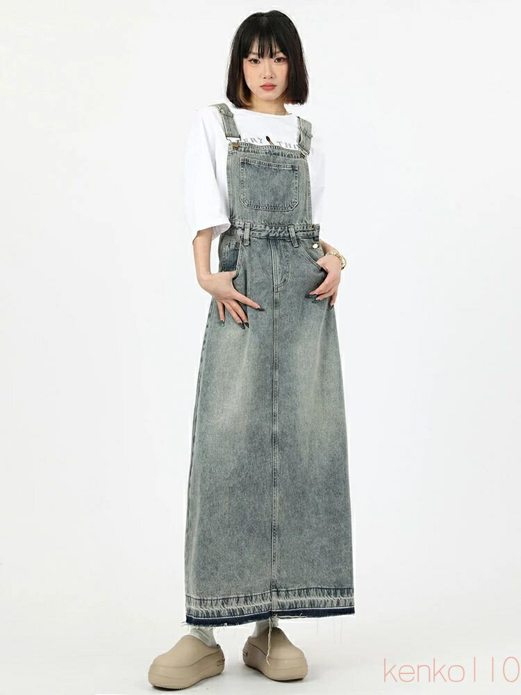 【送料無料】ジャンパースカート サロペット ジャンパーワンピース デニム レディース 春 夏 秋 デニム 重ね着 無地 大きめ 体型カバー ロング丈 スリット Aライン フリンジ