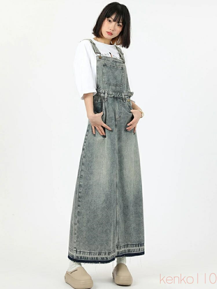 【送料無料】ジャンパースカート サロペット ジャンパーワンピース デニム レディース 春 夏 秋 デニム 重ね着 無地 大きめ 体型カバー ロング丈 スリット Aライン フリンジ