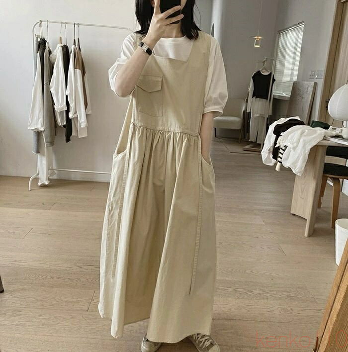 【送料無料】ジャンパースカート 春 ワンピース レディース ジャンスカ 綿混 サロペットスカート ノースリーブ ロングワンピース スクエアネック 重ね着 レイヤード ロングワ