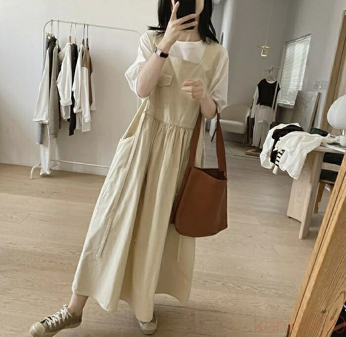 【送料無料】ジャンパースカート 春 ワンピース レディース ジャンスカ 綿混 サロペットスカート ノースリーブ ロングワンピース スクエアネック 重ね着 レイヤード ロングワ