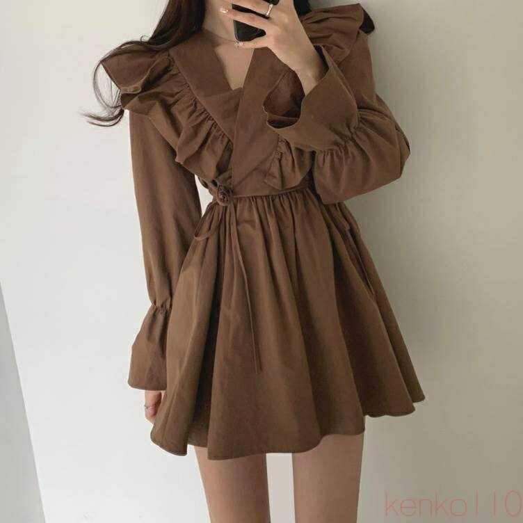 【送料無料】ワンピース 3色 フリル サイドリボン 長袖 レディース クロスデザイン ミニ丈 ショート丈 春 秋 冬 Aライン Vネック ふんわり ガーリー フェミニン シンプル カ