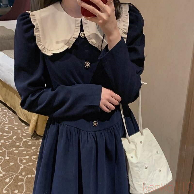 【送料無料】ワンピース ビッグカラー レディース個性的 ショート ミニ丈 フリル 長袖 バイカラー 黒 紺 フリーサイズ 春 秋 冬 Aライン ふんわり ガーリー フェミニン シン