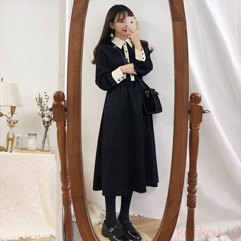 【送料無料】ワンピース ロング バイカラー レディース個性的 長袖 襟付き 黒 S M L XL 春 秋 冬 Aライン ふんわり ガーリー フェミニン シンプル カジュアル ゆったり 体型