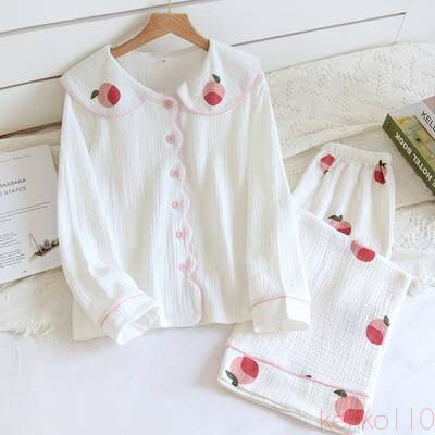 【送料無料】ルームウェア レディース 部屋着 パジャマ個性的 長袖 ラウンドネック 丸襟 ピーチ 柄 白 M L XL 薄手 春 夏 秋 カジュアル きれいめ 上品 ナチュラル シンプル