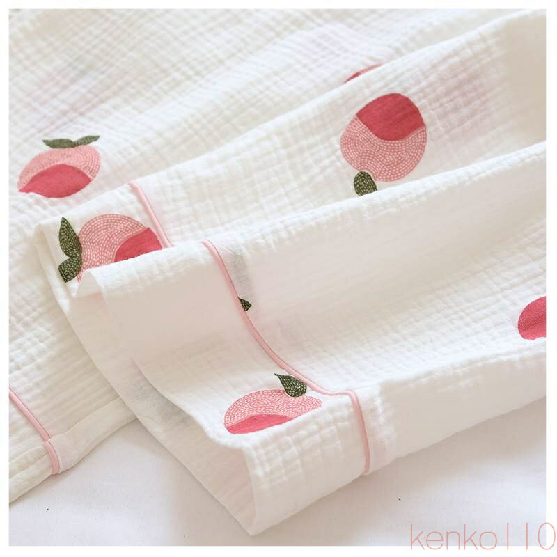 【送料無料】ルームウェア レディース 部屋着 パジャマ個性的 長袖 ラウンドネック 丸襟 ピーチ 柄 白 M L XL 薄手 春 夏 秋 カジュアル きれいめ 上品 ナチュラル シンプル