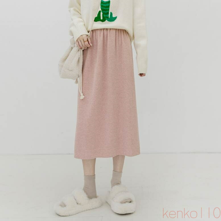 【送料無料】スカート ロング レディース個性的 ギャザーニット ペンシル バックスリット ウエストゴム ひざ下丈 無地 茶色 黒 ピンク ベージュ フリーサイズ 春 秋 冬 カジ