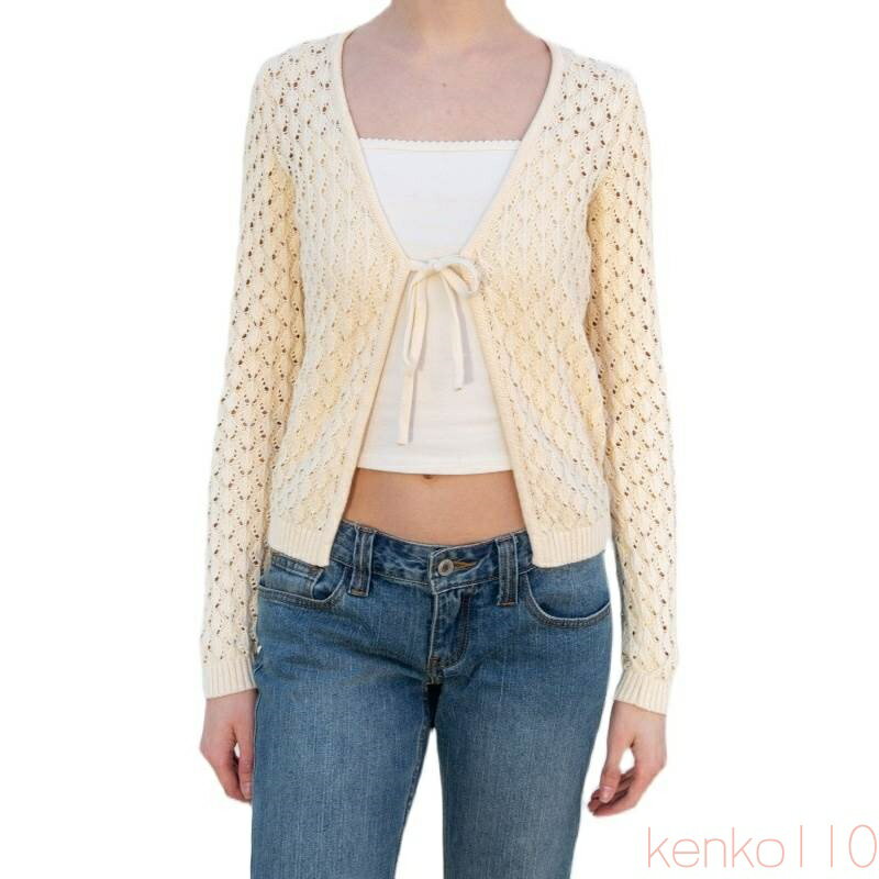 【送料無料】トップス カーディガン レディース クロシェ レース ショート丈 袖あり 長袖 リボン Vネック 透け感 大人可愛い きれいめ シンプル 大人 上品 おしゃれ お洒落(4)