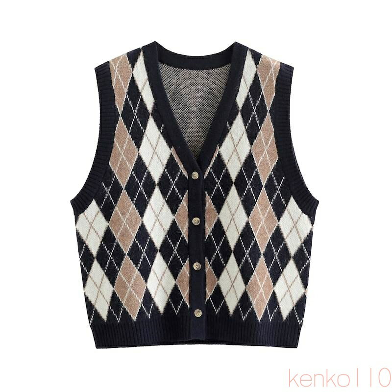 【送料無料】トップス ベスト ニットベスト ノースリーブセーター アーガイル柄 ボタン 前開き Vネック 袖なし シンプル カジュアル おしゃれ オジカワ レト...