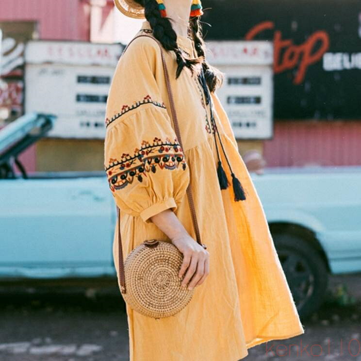 【送料無料】ワンピース レディース個性的 膝丈 ショート丈 ヘンリーネック 七分袖 ボヘミアン エスニック レトロ アジアン エキゾチック リゾート ゆったり 刺繍 Aライン 花