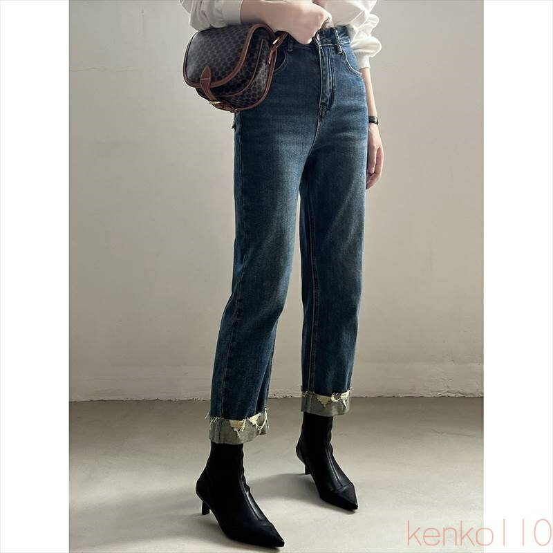 【送料無料】ボトムス レディース デニムパンツ ジーンズ ジーパン Gパン アンクル丈 ロールアップ ダメージ加工 ユーズド風 ポケット ストレート ハイウエスト 折り返し シ(4)