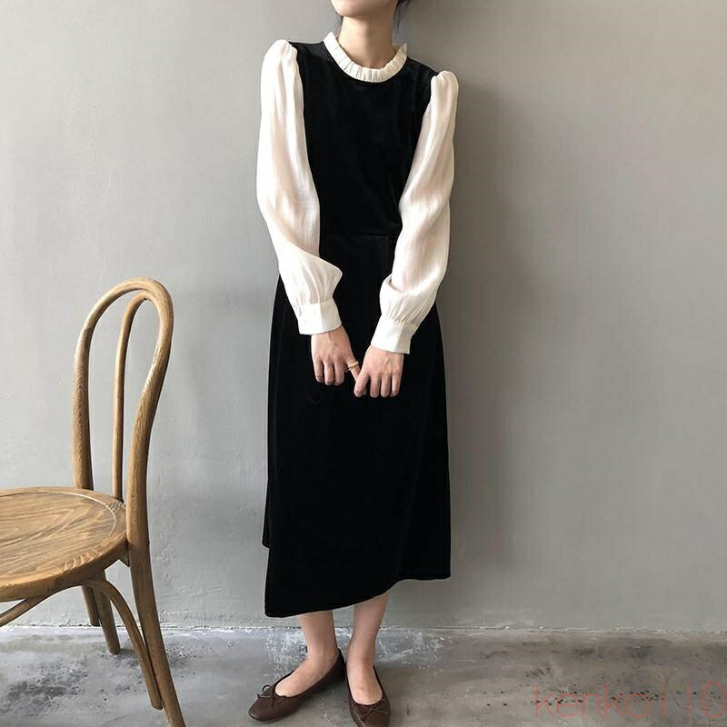 【送料無料】ワンピース レディース ワンピース ミモレ丈 ドッキング 切り替えデザイン 重ね着風 レイヤード風 スタンドカラー 立襟 ジャンパースカート 長袖 パフスリーブ