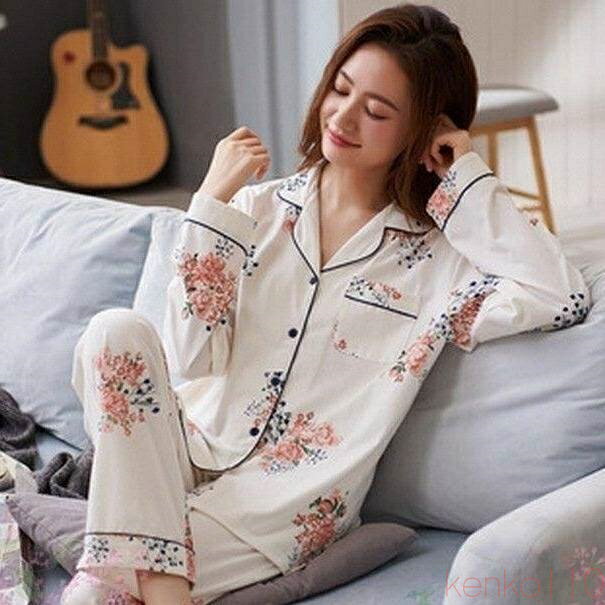 【送料無料】ルームウェア レディース 部屋着 パジャマ 上下セット トップス パンツ個性的 長袖 Vネック 襟付き 花柄 白 M L XL 2XL 春 夏 秋 カジュアル きれいめ 上品 ナチ