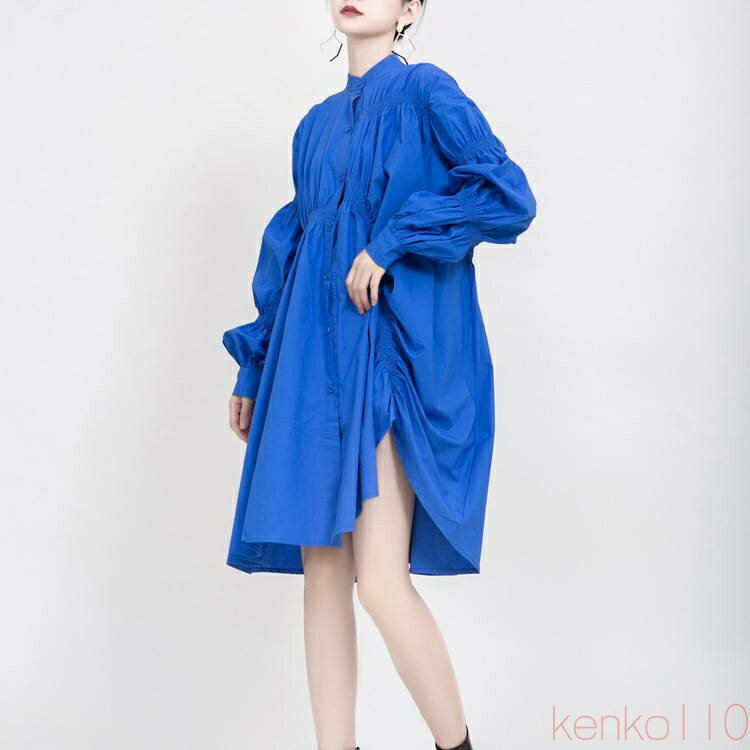 【送料無料】シャツワンピース ショート丈 膝上 長袖 ホルンスリーブ Vネック スタンドカラー セミフレア Aライン 切り替えデザイン おしゃれ かっこいい こなれ感 デート お