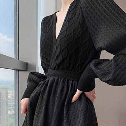 【送料無料】ニットドレス スカート ワンピース ドレス ロングスカート ロング ロング丈 ミドル丈 長袖 Vネック Aライン ハイウエスト 大人可愛い きれいめ シンプル 大人 上