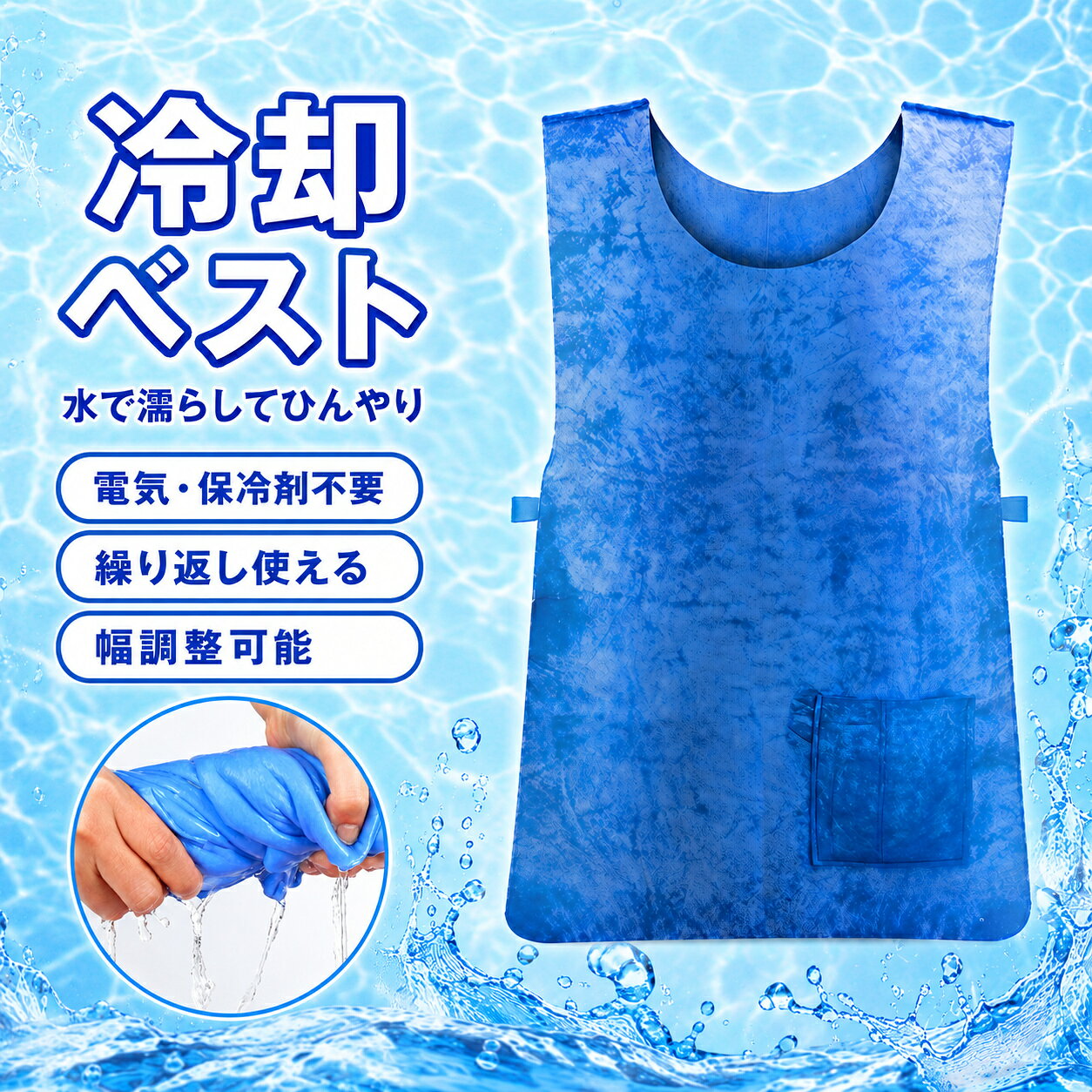 冷却ベスト クールベスト 冷感ベスト 水に濡らすベスト 濡らすベスト 気化冷却 PVA メッシュ 電気不要 保冷剤不要 男女兼用 ブルー サイド調整 作業用 農作業 ゴルフ アウトドア スポーツ 屋外 夏用 熱中症対策グッズ 暑さ対策