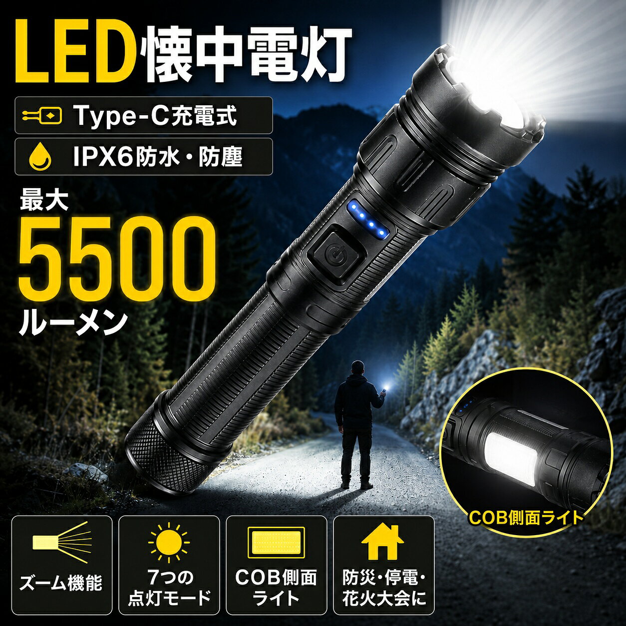 商品説明最大5500ルーメンの明るさを備えた、充電式LED懐中電灯です。前面のLED主灯に加え、側面に白色赤色のCOBライトを搭載し、合計7つの点灯モードを用途に合わせて切り替えられます。ヘッド部分を伸縮させるズーム式で、照らしたい範囲に合わせて光の広がりを調整できます。4段階の電池残量表示を備えているため、充電のタイミングも確認しやすい設計です。Type-C充電に対応し、1200mAhの18650リチウムイオン電池が付属します。USB出力端子も備えており、停電や防災時の補助給電に使用できます。底部にはマグネットを搭載し、金属面に固定して側面COBライトを作業用照明として使用できます。IPX6の防水性能と防塵設計を採用し、キャンプ、夜釣り、登山、夜間作業や非常用の照明に活用できます。注意事項IPX6は水中での使用や完全防水を保証するものではありません。水に濡れた状態で充電しないでください。5500ルーメンは最大値です。使用環境や電池残量により、明るさが異なる場合があります。USB出力は緊急時の補助給電用です。接続機器や使用条件によっては給電できない場合があります。本商品は付属の18650リチウムイオン電池を使用します。商品画像は撮影環境や表示機器により、実際の色味と異なって見える場合があります。検索キーワード：懐中電灯 LED懐中電灯 充電式懐中電灯 懐中電灯 充電式 LEDライト 強力ライト ハンディライト ハンドライト フラッシュライト 5500ルーメン 7モード COBライト ズーム式 Type-C充電 USB出力 残量表示 マグネット付き IPX6 防水 防塵 防災 停電対策 非常用 キャンプ 登山 夜釣り アウトドア 花火大会 夏祭り 夜道 作業用 ブラック商品仕様商品タイプ充電式LED懐中電灯材質アルミ合金、ABSカラーブラックサイズ収納時約176mm、伸長時約190mm、ヘッド径約43mm、テール径約32mm重量約170g（電池含まず）明るさ最大5500ルーメン光源前面LEDライト、側面COBライト点灯モード7モード主灯モード高輝度、低輝度、点滅側面灯モード白色高輝度、白色低輝度、赤色点灯、赤色点滅ズーム方式ヘッド伸縮式電池18650リチウムイオン電池 1200mAh×1充電方式Type-C充電充電時間約3時間出力USB出力対応残量表示4段階表示固定方法底部マグネット防水性能IPX6防塵性能防塵設計セット内容懐中電灯本体、18650リチウムイオン電池、Type-C充電ケーブル