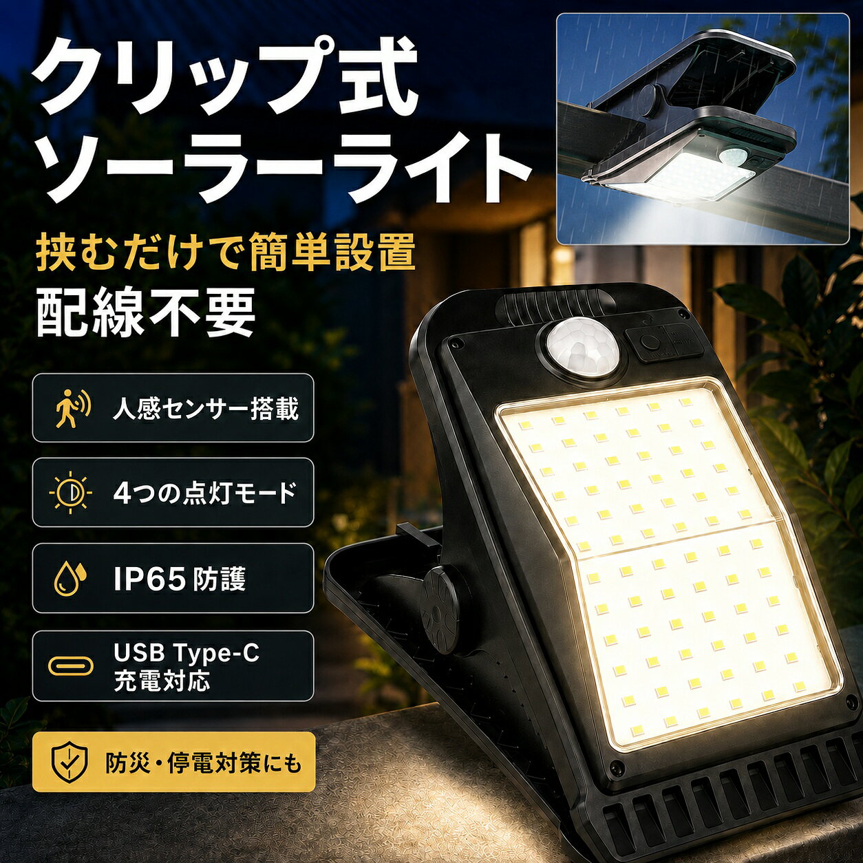 商品説明クリップで取り付けやすく、電源配線を必要としない屋外用ソーラーライトです。太陽光を活用して充電でき、省エネを意識した玄関庭ベランダ駐車場の照明として使用できます。人感センサーを搭載し、使用環境に合わせて4つの点灯モードを選べます。日常の屋外照明として便利に取り入れられます。ソーラー充電に加え、USB Type-C充電にも対応。停電時の補助照明や、防災非常時の備えとしても活用できます。防護等級はIP65。48LED72LED112LEDの3タイプ、白色光暖色光の2種類から用途に合わせて選べます。注意事項設置場所や天候、使用環境により充電効率や点灯時間は異なります。ソーラーパネル部分は十分に太陽光が当たる場所へ設置してください。商品画像は撮影環境やモニター設定により、実際の色と異なって見える場合があります。検索キーワード：ソーラーライト,クリップ式ソーラーライト,屋外用ソーラーライト,ソーラーセンサーライト,人感センサーライト,クリップライト,屋外照明,防水ライト,防塵,IP65,USB Type-C充電,省エネ,配線不要,防災ライト,停電対策,非常用ライト,玄関ライト,庭用ライト,ベランダライト,駐車場ライト,ガレージライト,白色光,暖色光,48LED,72LED,112LED商品仕様商品タイプクリップ式ソーラーライト本体カラーブラック光色白色光暖色光LED数48LED72LED112LED充電方式ソーラー充電USB Type-C充電防護等級IP65機能人感センサー4つの点灯モード電池容量48LED：約1500mAh72LED：約3000mAh112LED：約4000mAh点灯時間48LED：最長約8時間72LED：最長約10時間112LED：最長約12時間サイズ重量48LED：約18.1×10.8×11cm／約357g72LED：約19.2×10×11.8cm／約404g112LED：約19.2×10×11.8cm／約434gセット内容USB充電ケーブルネジセット