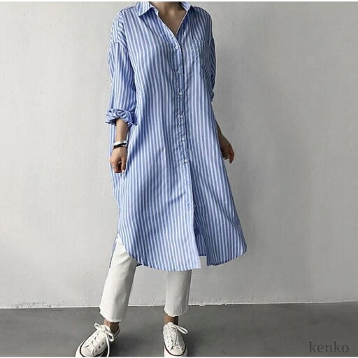 【送料無料】薄手 韓国風 体型カバー ゆったり 大きいサイズ ストライプ 長袖 春服 ロング丈 夏ロング 長袖 春夏 春 【送料無料】薄手 韓国風 体型カバー ゆったり 大きいサイズ ストライプ 長袖 春服 ロング丈 夏ロング 長袖 春夏 春