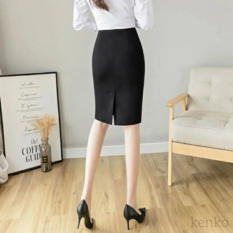 【送料無料】事務服 スカート レディース タイトスカート ウエストゴム スリット入り オフィス用 スカート 丈50cm 丈60cm 丈70cm