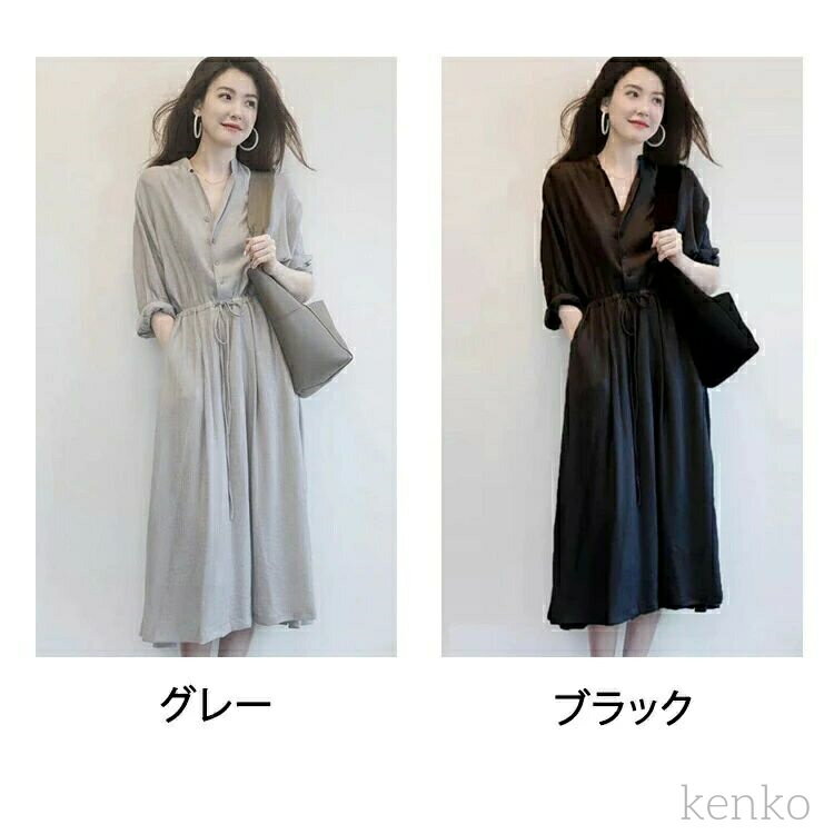 【送料無料】ロングワンピース シャツワンピース レディース 春 夏 秋 ミモレ丈 ロング丈 ワンピース 無地 リボン付き aライン 綺麗 大きいサ