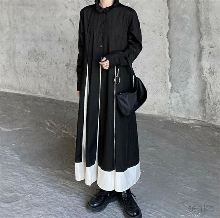 【送料無料】シャツワンピース レディース ロングワンピース 春 長袖 フリル襟 配色 フェイクレイヤード ミモレ丈 大きいサイズ ゆったり ス