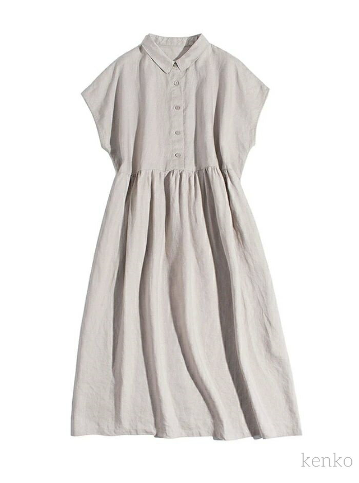 【送料無料】半袖　夏　綿麻混紡　コットンリネン　シャツワンピ　ワンピース　ミモレ丈　ロング丈　大きいサイズ　体型カバー　ゆったり　ハ