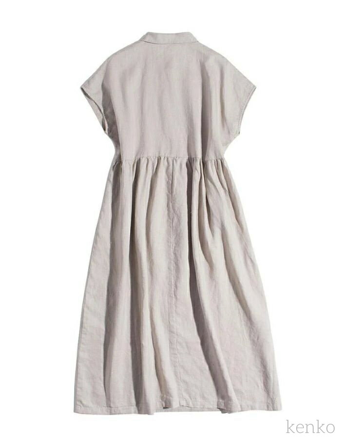 【送料無料】半袖　夏　綿麻混紡　コットンリネン　シャツワンピ　ワンピース　ミモレ丈　ロング丈　大きいサイズ　体型カバー　ゆったり　ハ