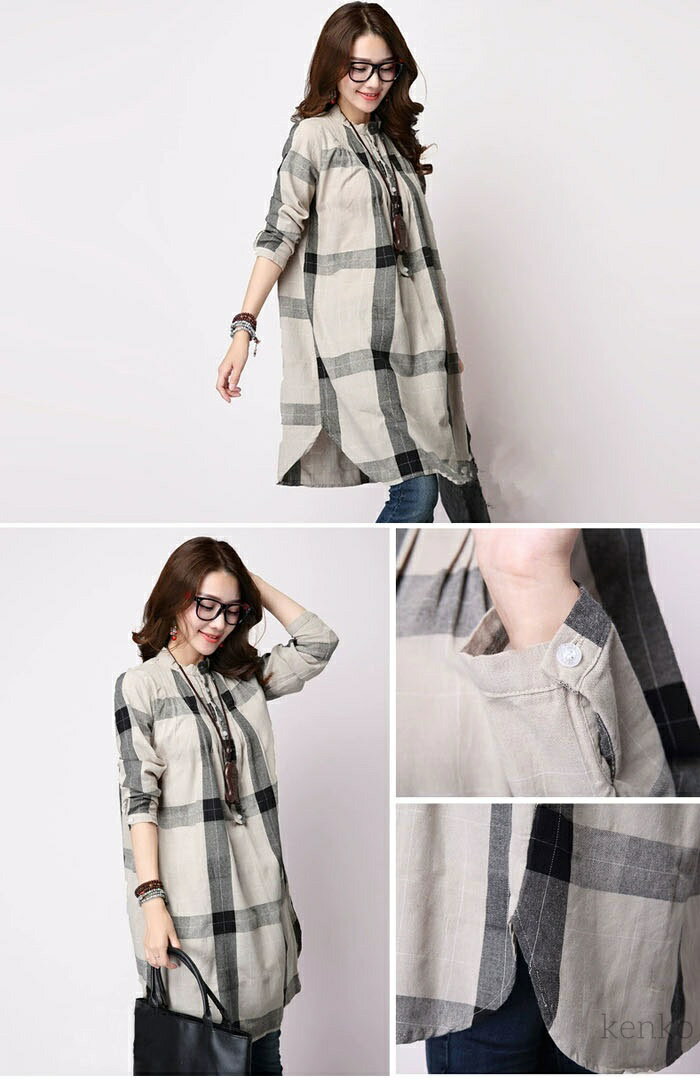 【送料無料】チュニックブラウス シャツ ロングワンピース ミディアム チェック柄 膝丈 リネン チュニック 綿麻ワンピース 七分袖 おしゃれ