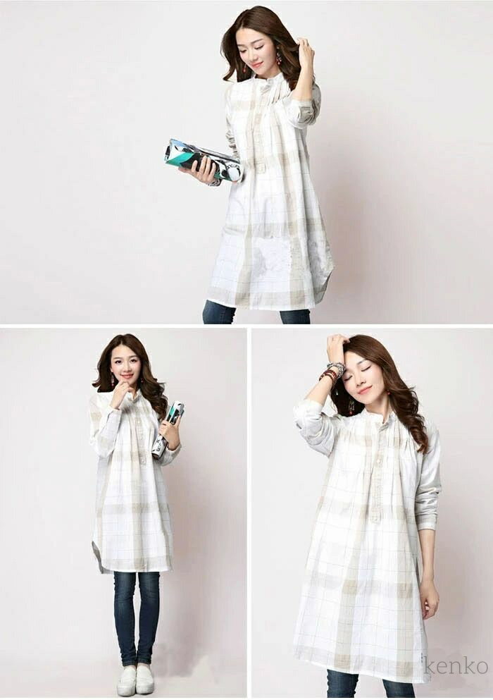 【送料無料】チュニックブラウス シャツ ロングワンピース ミディアム チェック柄 膝丈 リネン チュニック 綿麻ワンピース 七分袖 おしゃれ