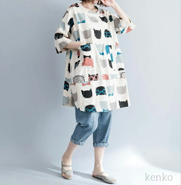 【送料無料】チュニック 長袖 Tシャツ 春夏 夏 ミディアム ブラウス レディース 夏 トップス シャツ tシャツ 綿麻 オーバーサイズ 大きいサイ