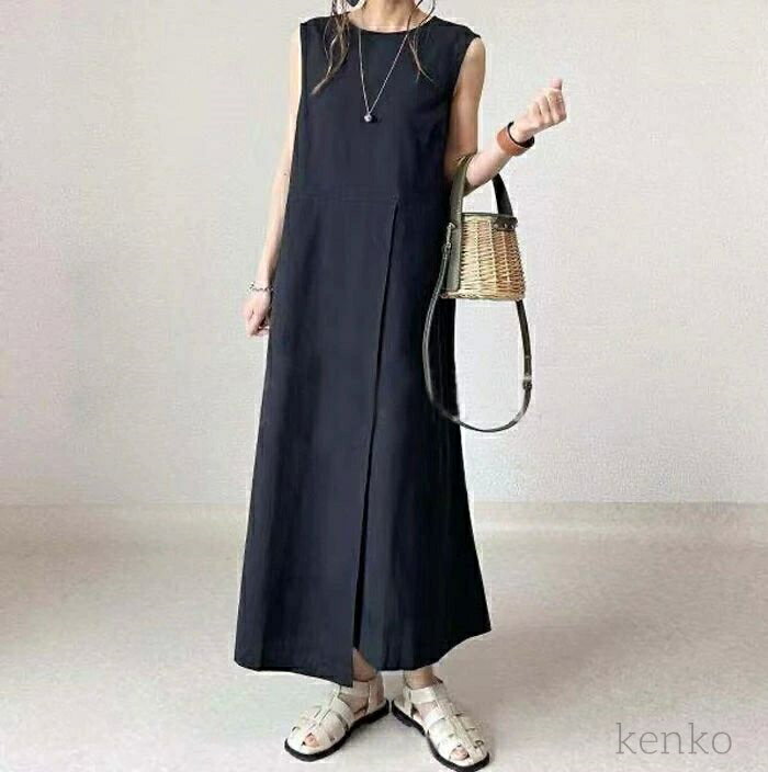 【送料無料】夏 ノースリーブ きれいめ ロング レディース リネン風 二の腕カバー 体型カバー 50代 40代 30代 お洒落 可愛い ベージュ ブラッ